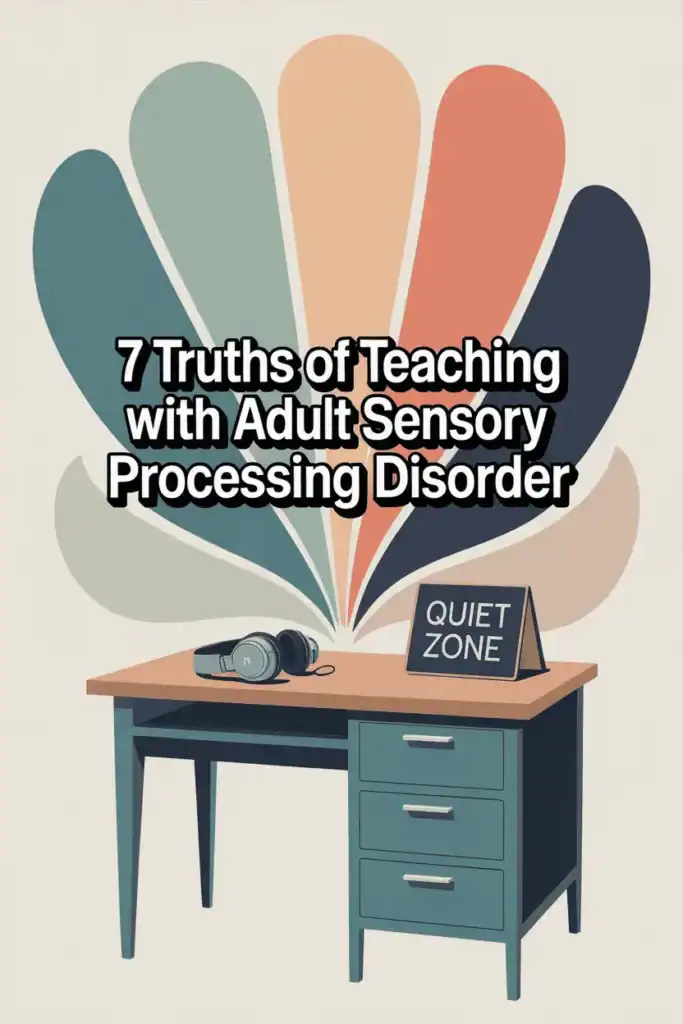 bright colors in upright strokes over desk, text says seven truths of teaching with sensory processing disorder 