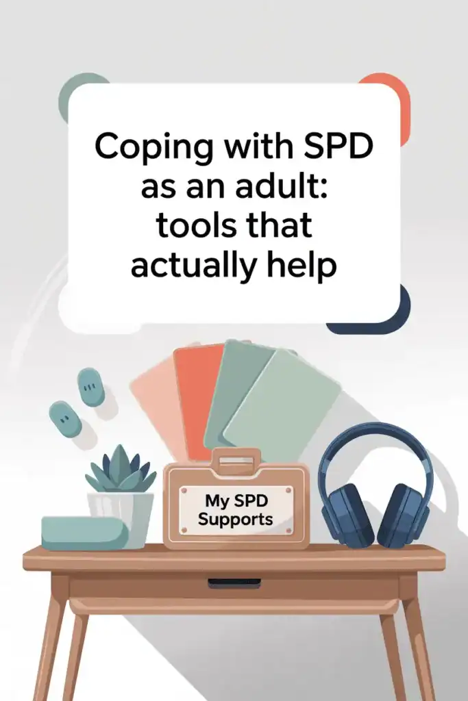 wooden desk against white wall with blue headphones, text says coping with spd as an adult, tools that actually help, desk sign reads my spd supports