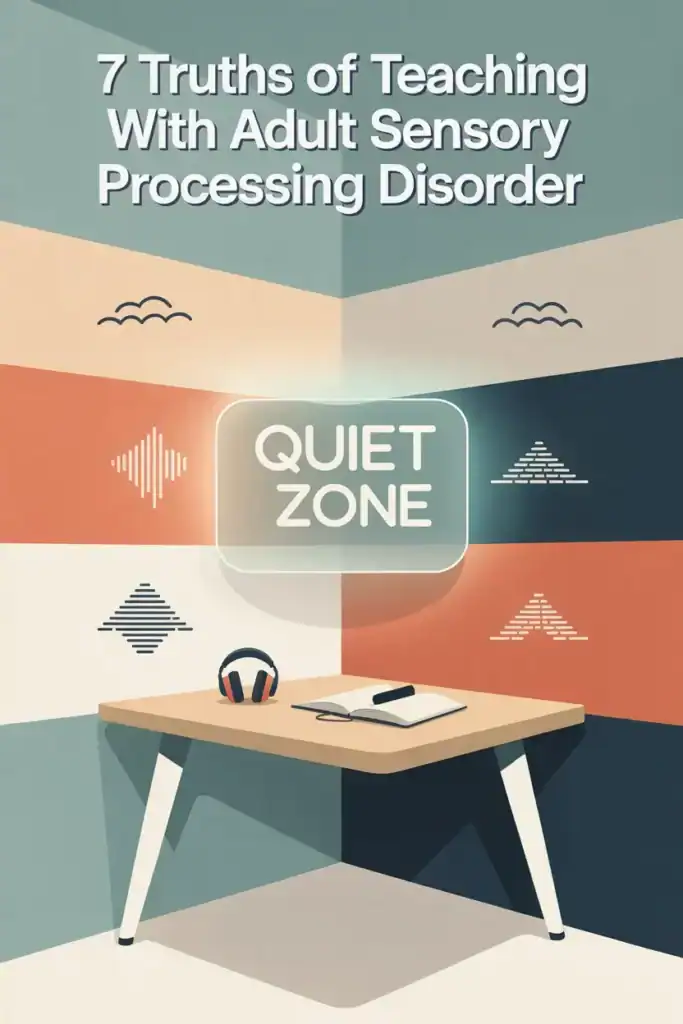 quiet zone illustration, corner desk, title says seven truths of teaching with adult sensory processing disorder