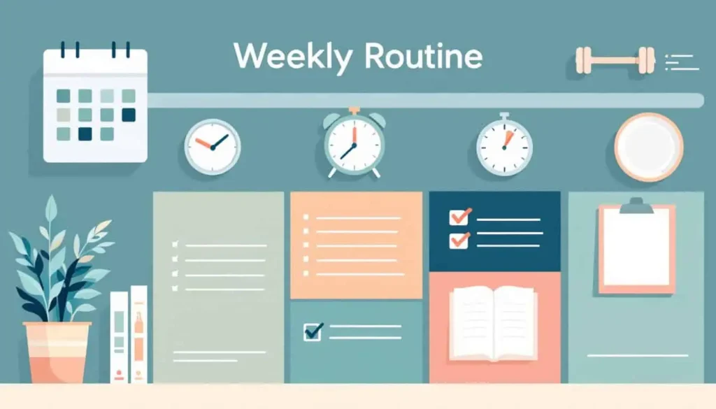 7 Best Reasons for Routine Charts for ADHD Adults 3 Modern flat vector illustration of a weekly routine charts for ADHD adults, featuring icons: calendar, meal plate, alarm clock, dumbbell, book, checklist. Teal, peach, coral, sage, navy, white, and beige.