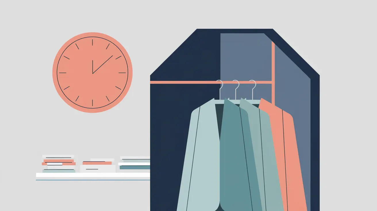 Modern flat vector illustration of a minimalist entryway setup with hanging professional clothes and a salmon-colored clock showing almost 10 past 12 o'clock. Features teal and sage blazers arranged on hooks with books stored to the left.