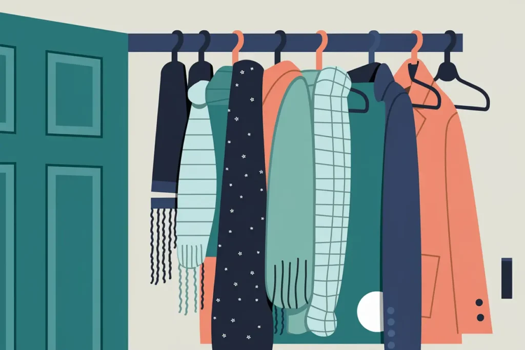 21 Organizing Closets with ADHD Tips for Teachers 8 Modern flat vector illustration of an over-the-door hanger with sweaters, scarves, and coats hanging on it. Teal, sage, navy blue and salmon color accents