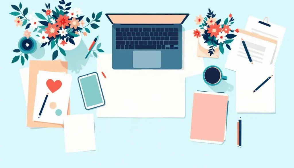 7 Best Reasons for Routine Charts for ADHD Adults 4 Top-down vector illustration of ADHD-friendly workspace: laptop, digital tablet, coffee mug, vase with flowers, art supplies, and paper sheets. Clean modern color palette of teal, peach, coral, sage, navy, beige, and white.