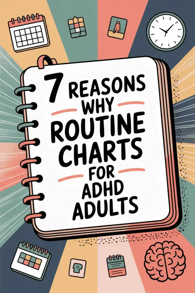 7 Best Reasons for Routine Charts for ADHD Adults 6 7 reasons why routine charts for adhd adults work, planner in front of colorful starburst pattern, icons including brain, calendar, clock