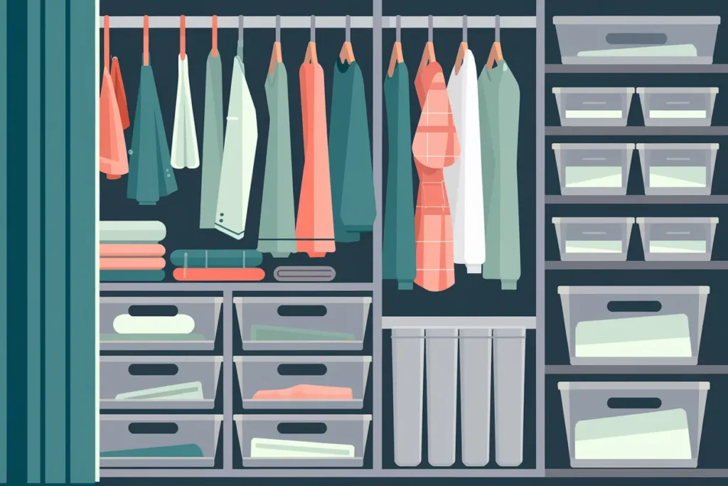 21 Organizing Closets with ADHD Tips for Teachers 2 organizing closets with adhd, Modern flat vector illustration of a neatly-arranged closet. Features hanging clothes in soft teal and sage tones, with folded items on a shelf, set against a navy background.
