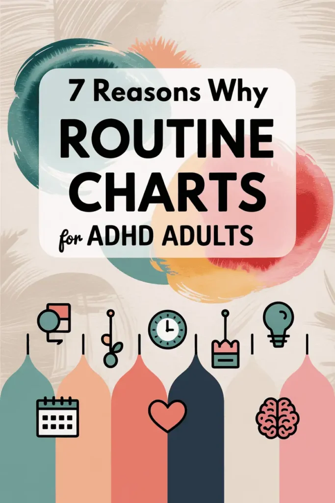 7 Best Reasons for Routine Charts for ADHD Adults 7 colorful vector illustration saying 7 reasons why routine charts for adhd adults, watercolor backing behind title, decorative icons including brain, lightbulb, clock, and calendar