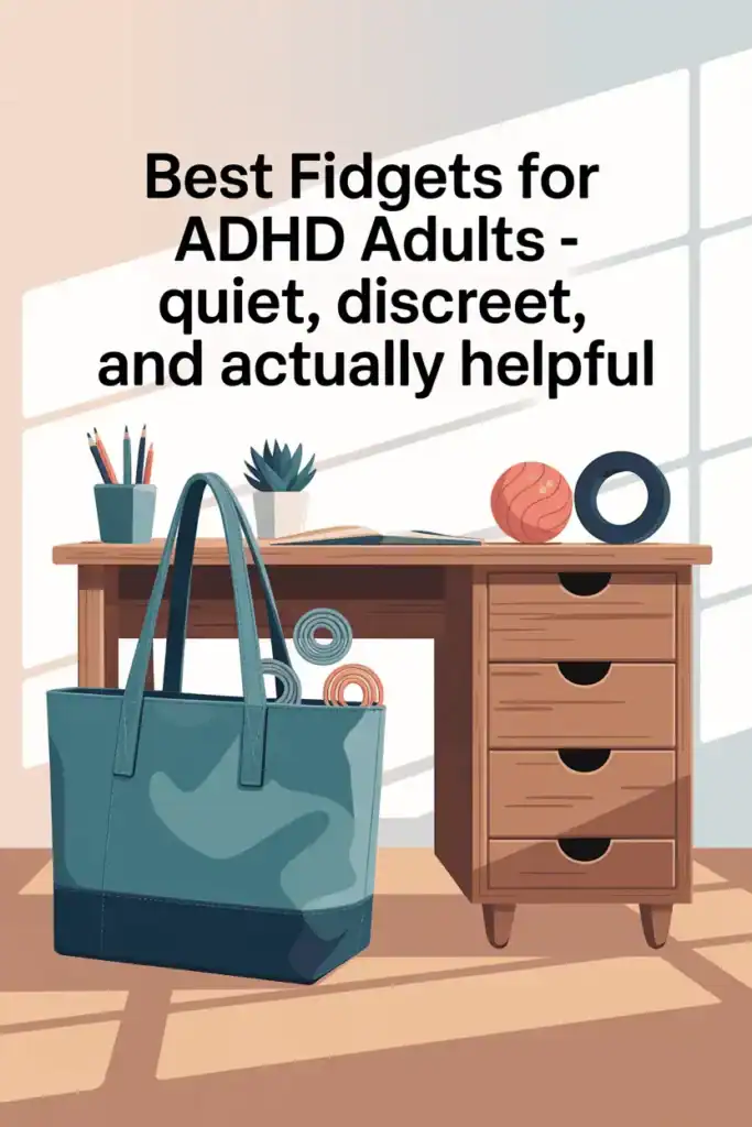 5 Focus-Boosting Fidgets and Tips for ADHD Adults 9 green tote bag in front of wooden desk, natural light and shadows, fidget toys for adhd adults