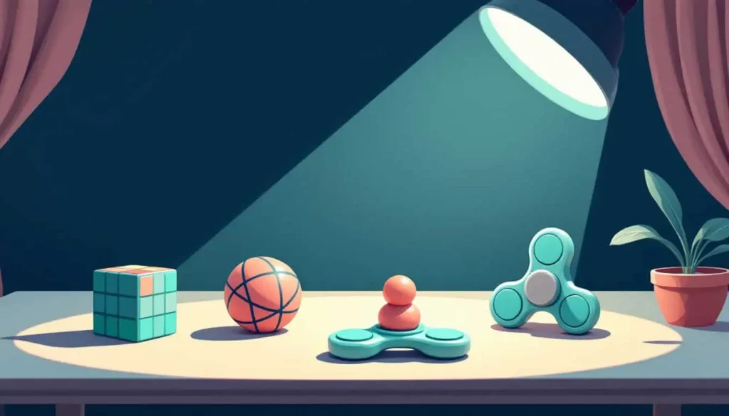 5 Focus-Boosting Fidgets and Tips for ADHD Adults 3 Top Fidgets for Adults with ADHD – Spotlight on fidget cube, stress ball, spinner ring, and tangle toy on a smooth tabletop. Modern vector style.