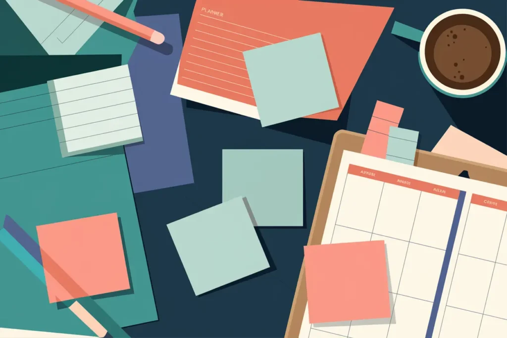 10 Proven Tips for Starting Tasks with ADHD 4 starting tasks with adhd, A modern, flat vector illustration of a cluttered desk with sticky notes, a planner, and a coffee cup. Some sticky notes are neatly arranged, while others are scattered, symbolizing the struggle with organizing tasks. The color scheme includes teal, sage, navy blue, salmon, and light beige.