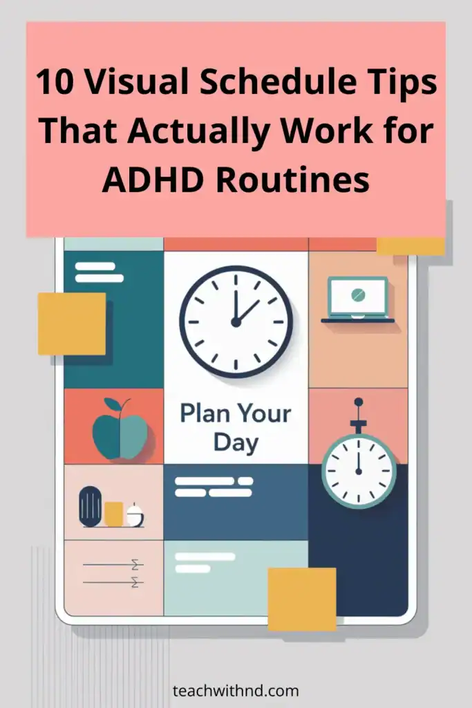 productivity chart icons, clock, computer, apple, stopwatch, visual schedule tips, adhd routines, title is ten visual schedule tips that actually work for adhd routines