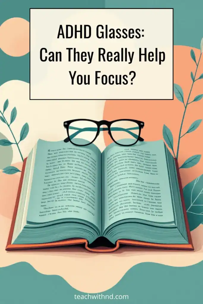 reading glasses on open book, green and peach background, title says adhd glasses, can they really help you focus?
