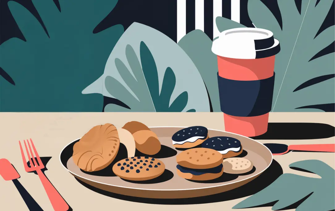 to go coffee cup next to pastries on a plate 