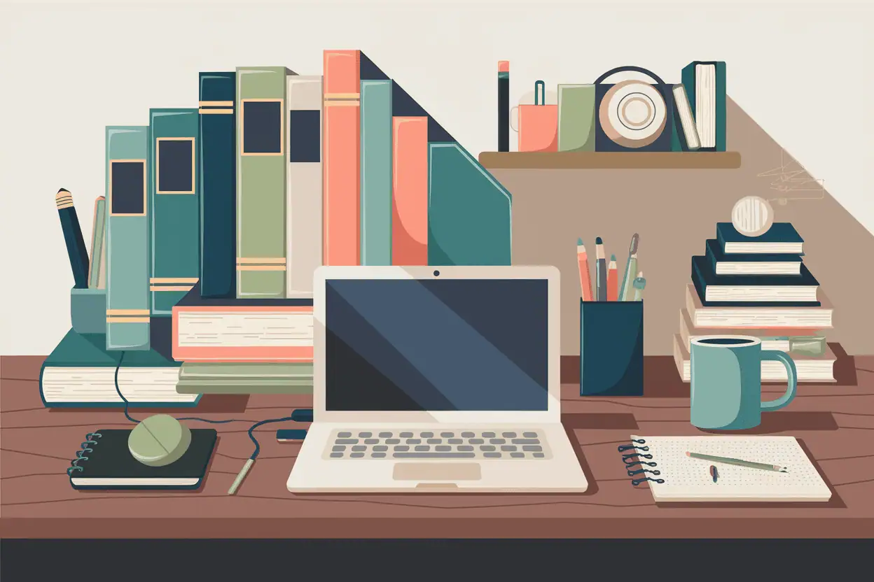 teacher workspace with desk, laptop, teal mug, books, binders, and a wall shelf