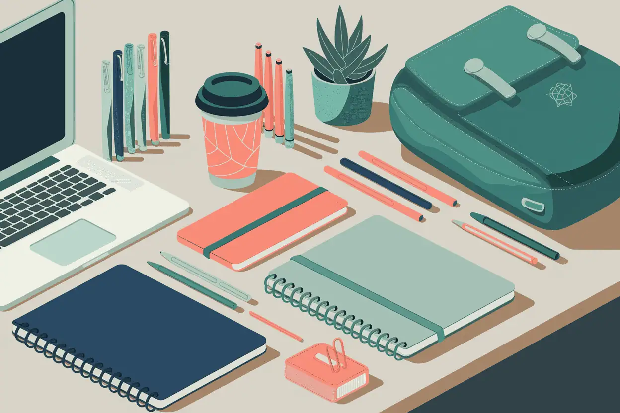 teacher supplies flat lay with notebooks, notepads, laptop, as organizing tools for adhd 