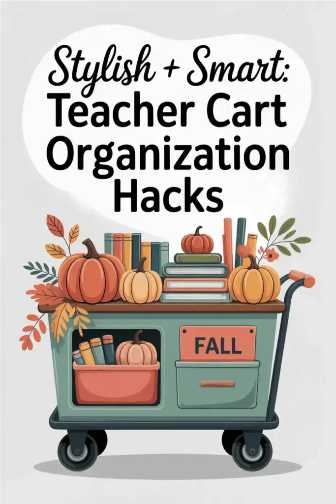 5 Traveling Teacher Cart Ideas to Stay Organized 6 Fall-themed teacher cart with seasonal classroom supplies, pumpkins, and organized storage in 2D vector style.