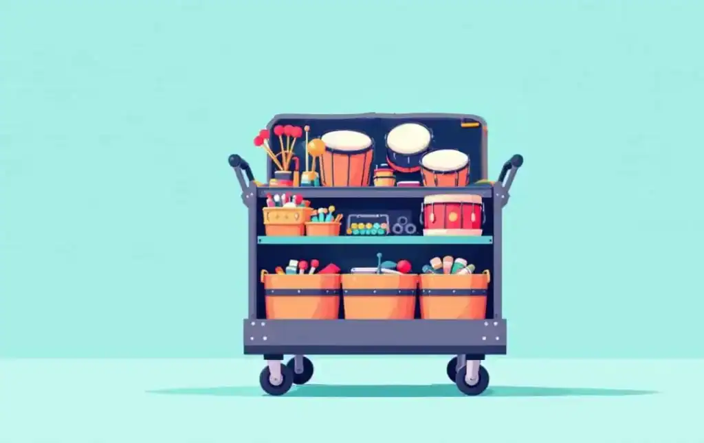 5 Traveling Teacher Cart Ideas to Stay Organized 3 music traveling teacher cart ideas, unpitched percussion organized on three shelves, in bins