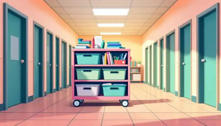 Cart filled with sorted storage bins, books, and supplies in a school hallway with doors. (