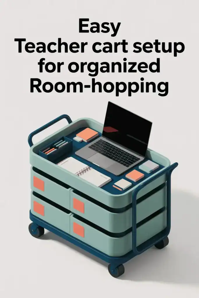 5 Traveling Teacher Cart Ideas to Stay Organized 7 Minimalist teacher cart setup with digital planner and classroom essentials in navy and peach colors.