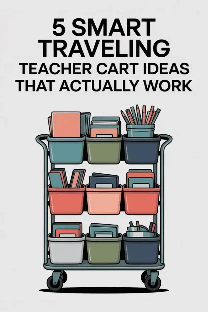 5 Traveling Teacher Cart Ideas to Stay Organized 8 Vector illustration of a colorful rolling teacher cart with neatly labeled storage in teal, coral, and sage tones.