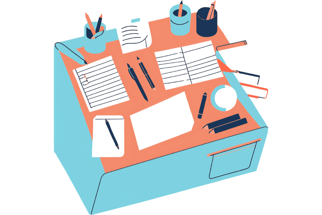 The Ultimate Accountability Partner Worksheet for Adults 10 aerial view of blue desk with peach cover, worksheets, pens, pencils, accountability partner worksheet