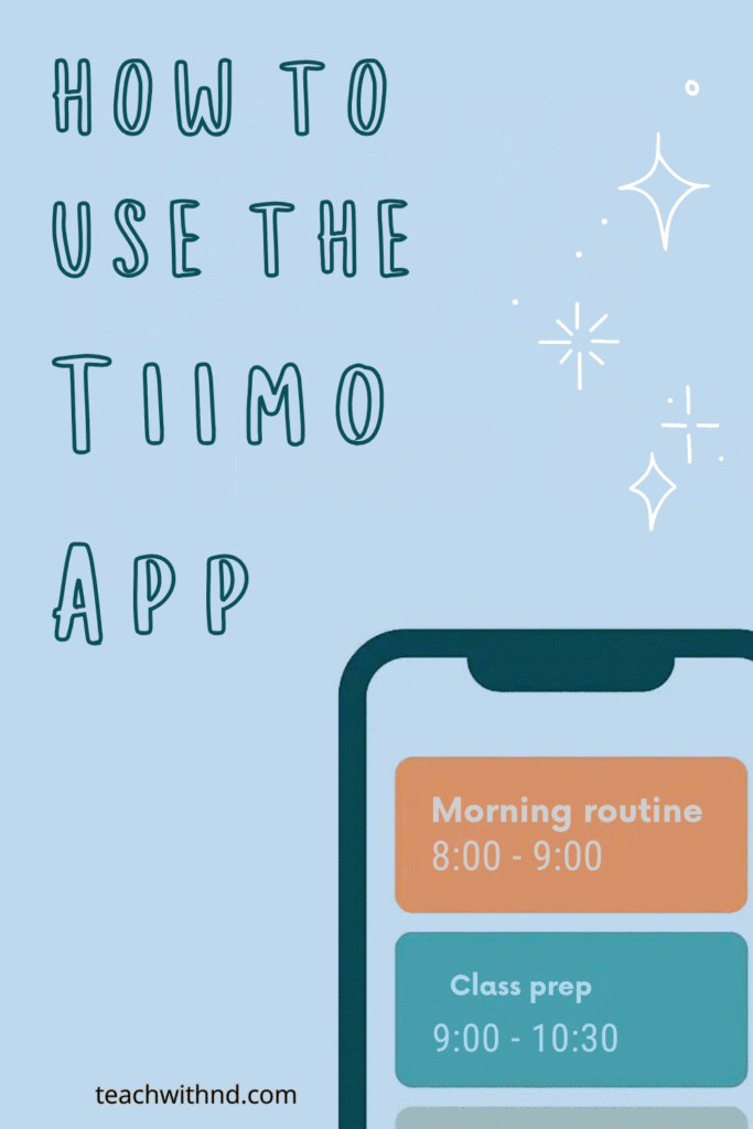 close up of mobile phone with morning routine schedule, text says how to use the tiimo app, baby blue background with white stars, tiimo app review