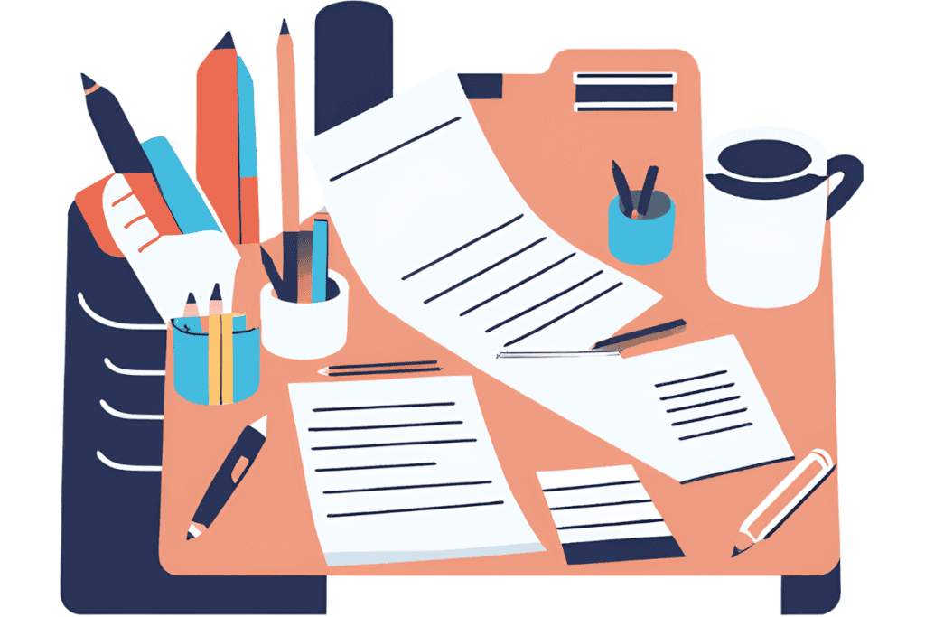 The Ultimate Accountability Partner Worksheet for Adults 14 peach colored desk with worksheets, coffee mug, pens and pencils, accountability partner worksheet