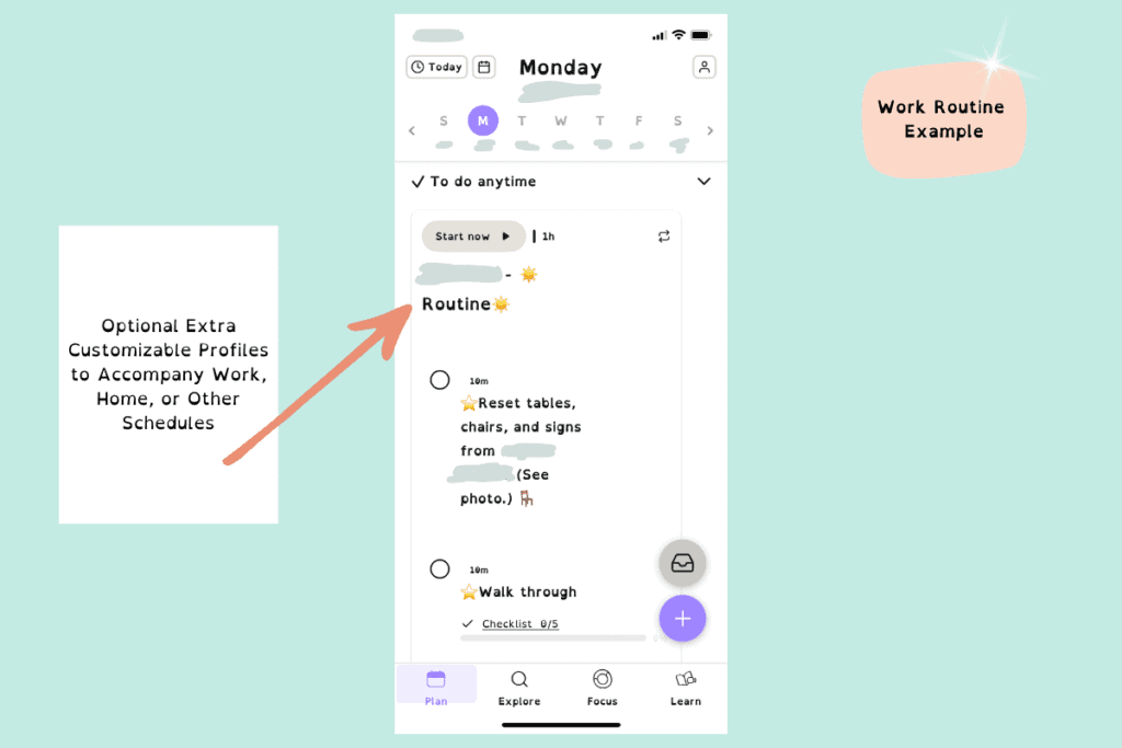 work profile example, routine, Tiimo app review, Tiimo user interface, edits by Teach with ND