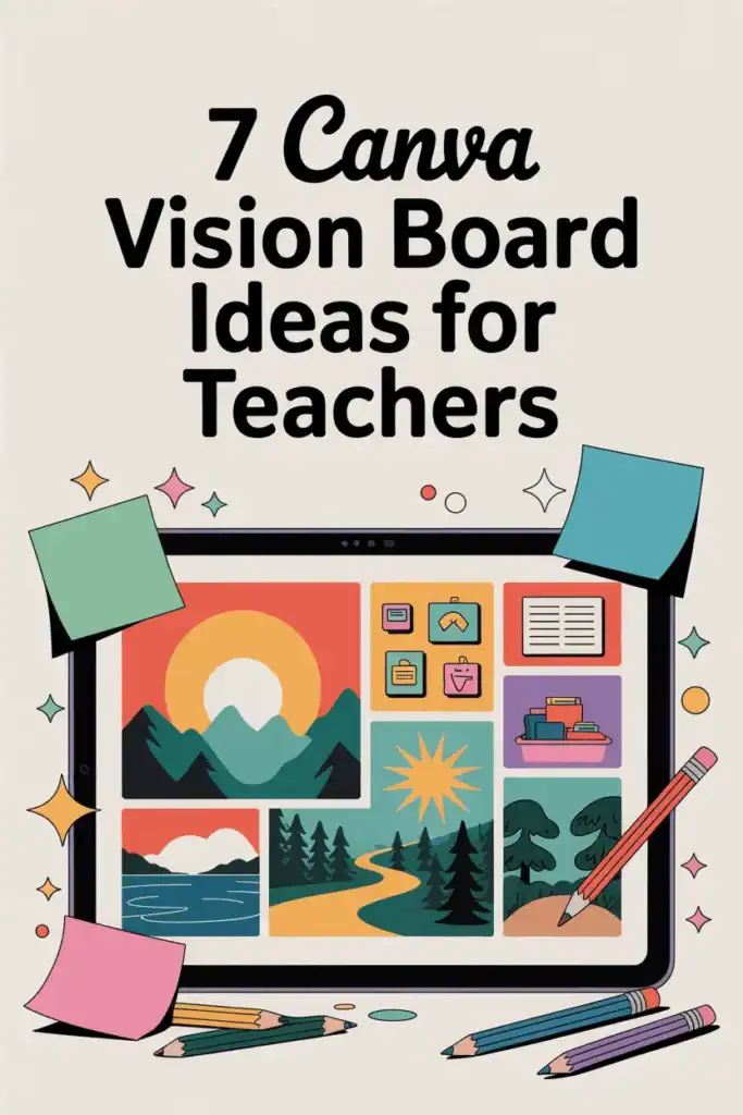 Digital Canva vision board mockup on a tablet with inspirational images and teacher supplies in teal, coral, and navy.
