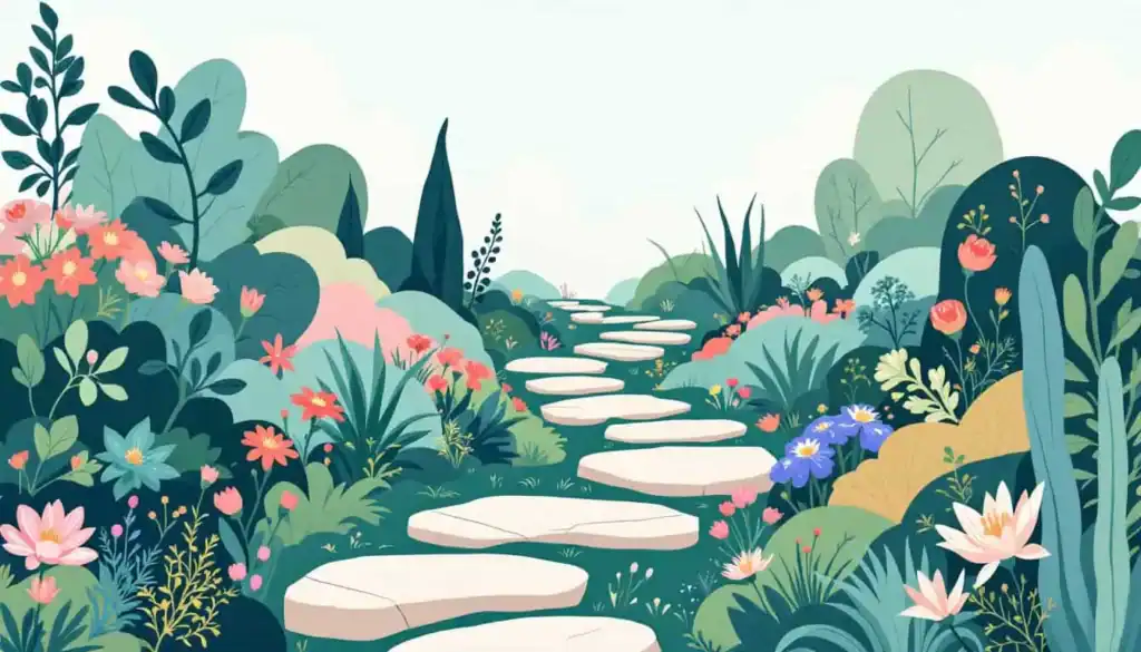 Forked garden stone pathway surrounded by plants and flowers, symbolizing choice and growth, example of Canva vision board 