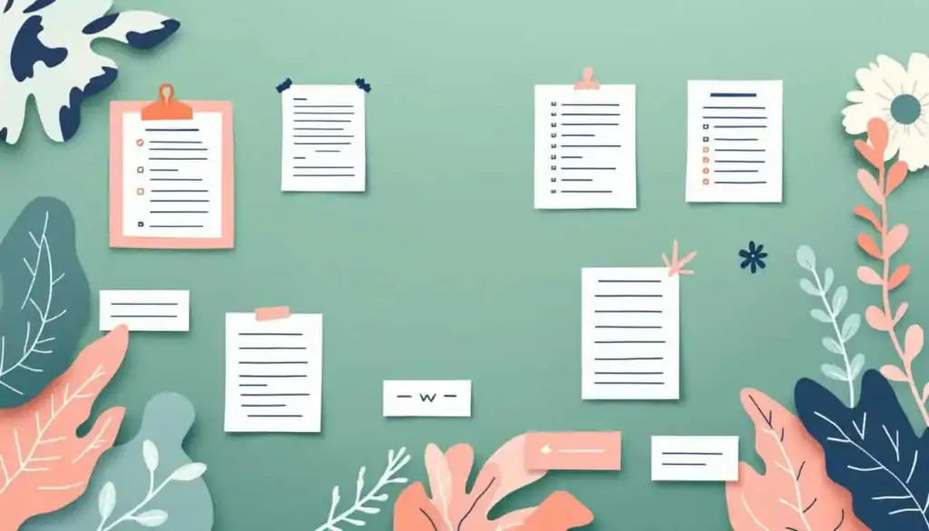 Vision board mockup illustration with green background and stylized paper worksheet forms, hand-drawn collage style.