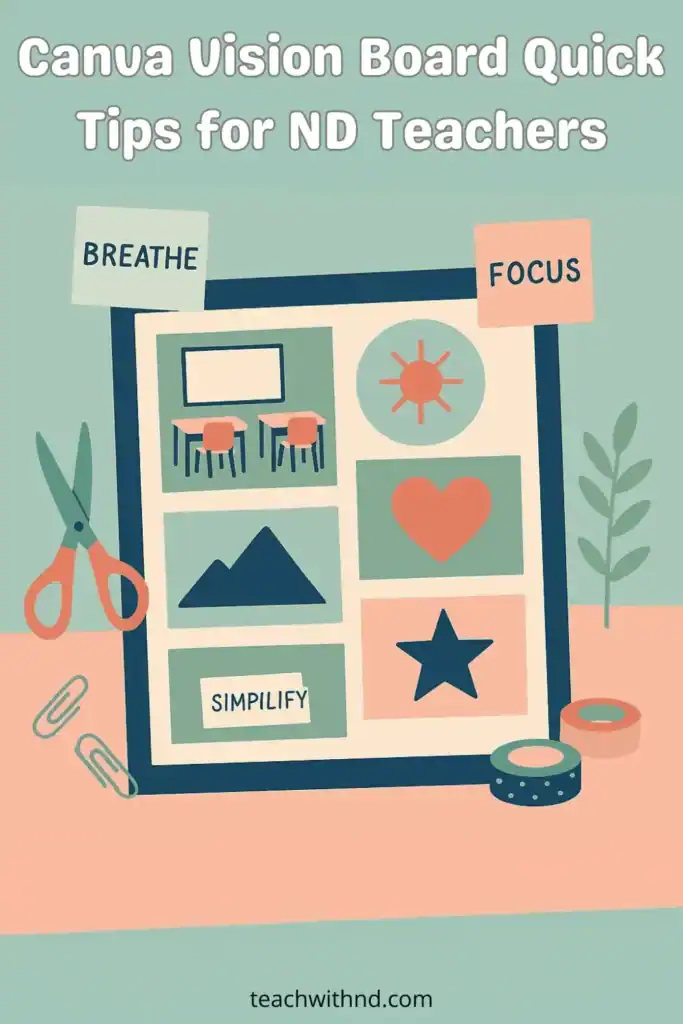 mockup of canva vision board physical collage style with frame, icons, words saying breathe, focus, simplify, title is canva vision board quick tips for nd teachers 