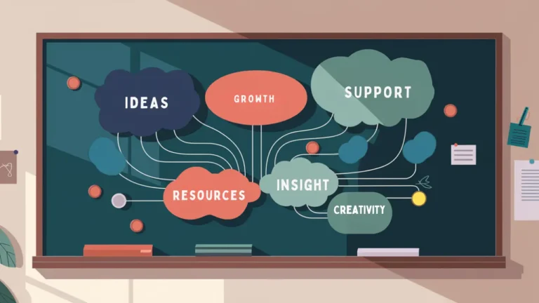 a school bulletin board with a mind map including the words ideas, growth, support, resources, insight, and creativity; finding your tribe, neurodivergent teacher