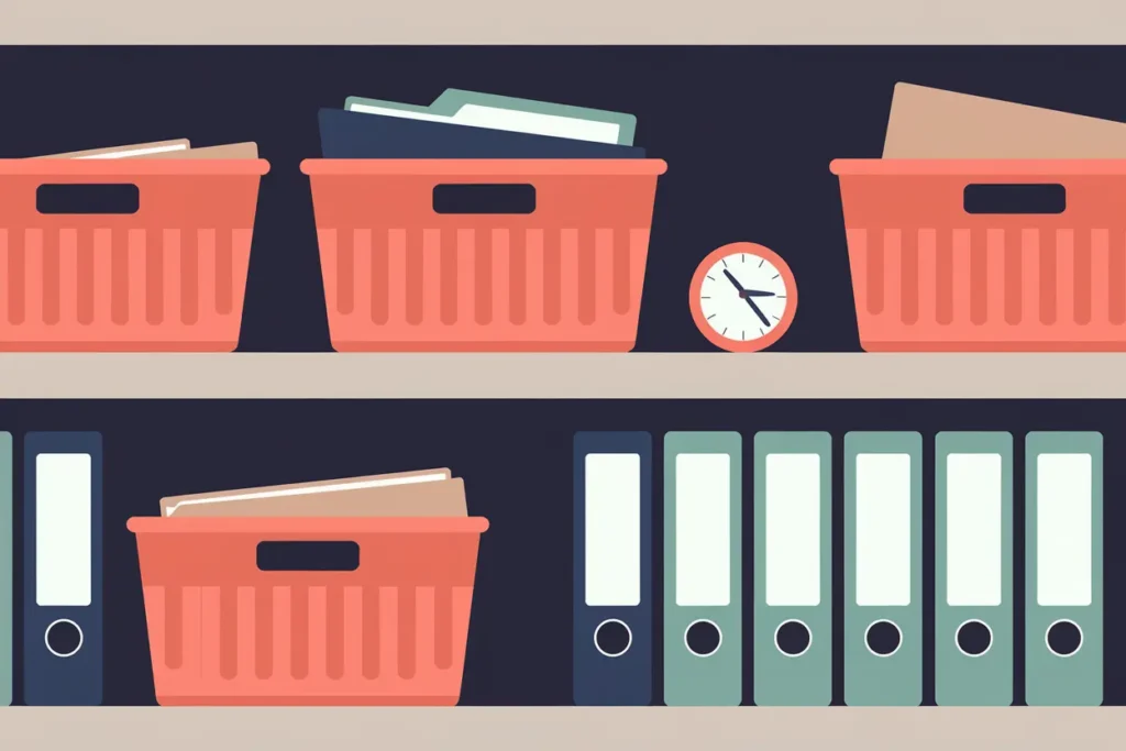what is executive function, shelving with salmon colored bins, navy and sage binders, slightly disorganized aesthetic