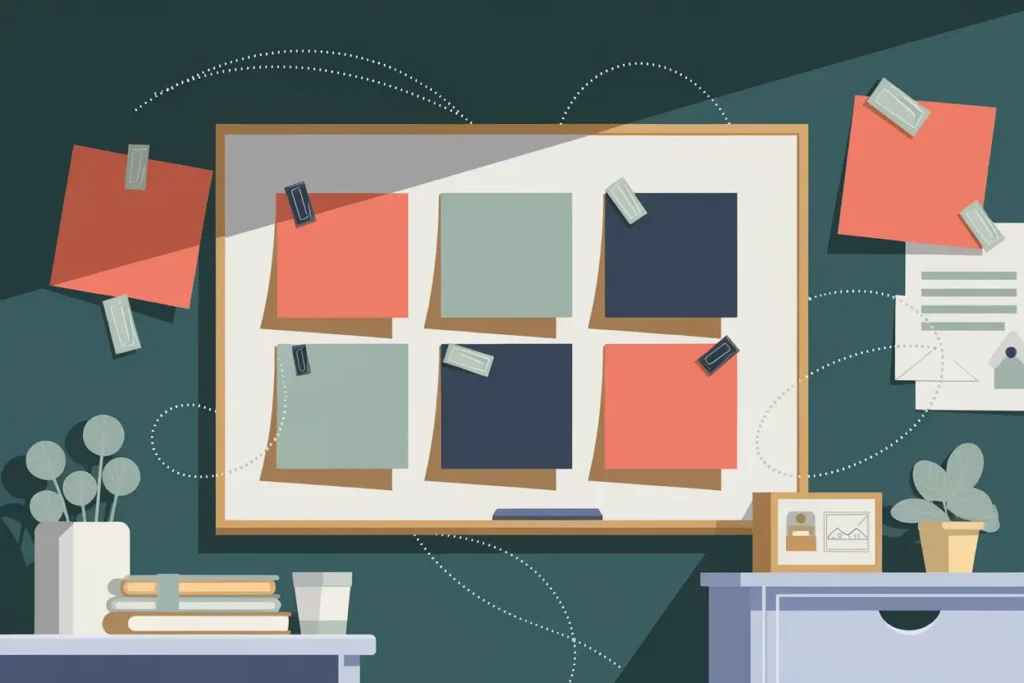 A modern flat, vector-based illustration of a whiteboard filled with sticky notes in coral, navy, and sage tones. Some notes are perfectly aligned, while others are haphazardly placed, with swirls and dotted lines in the background symbolizing mental distraction, adult adhd and late diagnosis adhd
