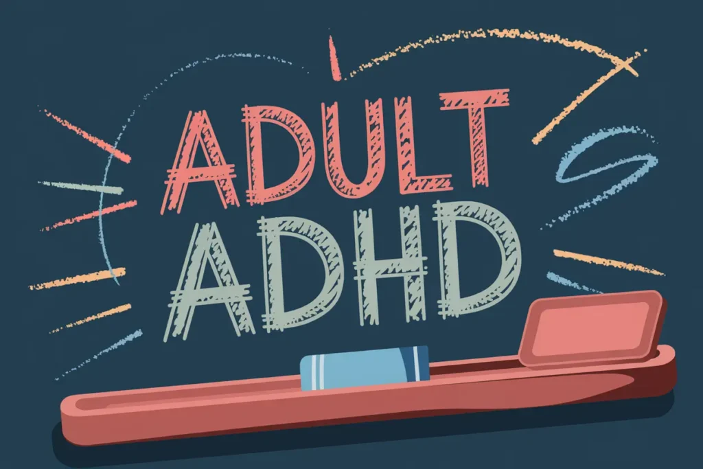 salmon color and sage color chalk message says "Adult ADHD" on blackboard, adult adhd and late diagnosis adhd