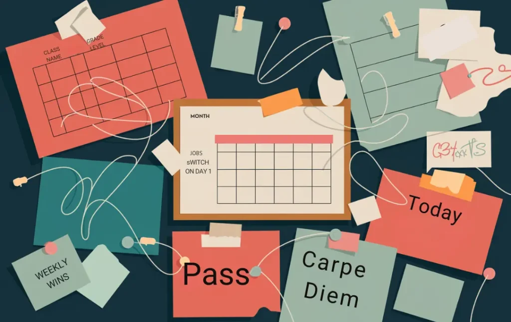 bulletin board with overlapping papers, papers falling off, illogical organization, what is executive function