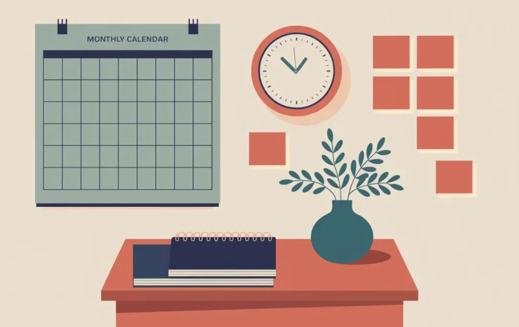 A minimalist workspace illustration featuring a wall calendar, clock, sticky notes, and a spiral notebook on a coral-colored desk with a teal vase of leaves, demonstrating different visual time management strategies