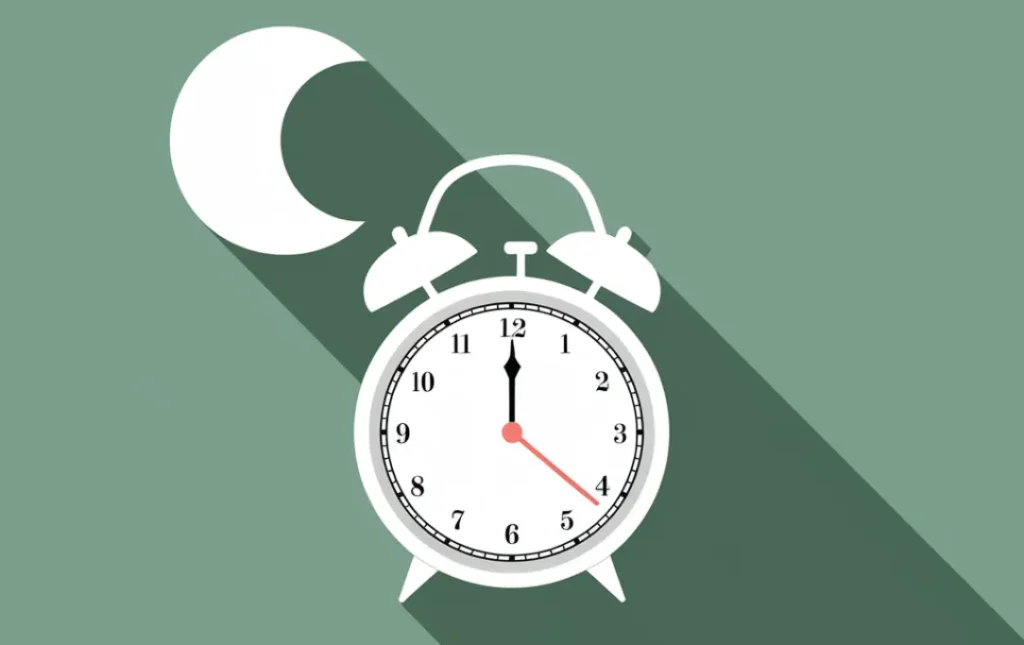 A minimalist illustration of a white alarm clock and crescent moon against a sage green background, symbolizing the challenging relationship between time awareness and sleep schedules for those experiencing time blindness