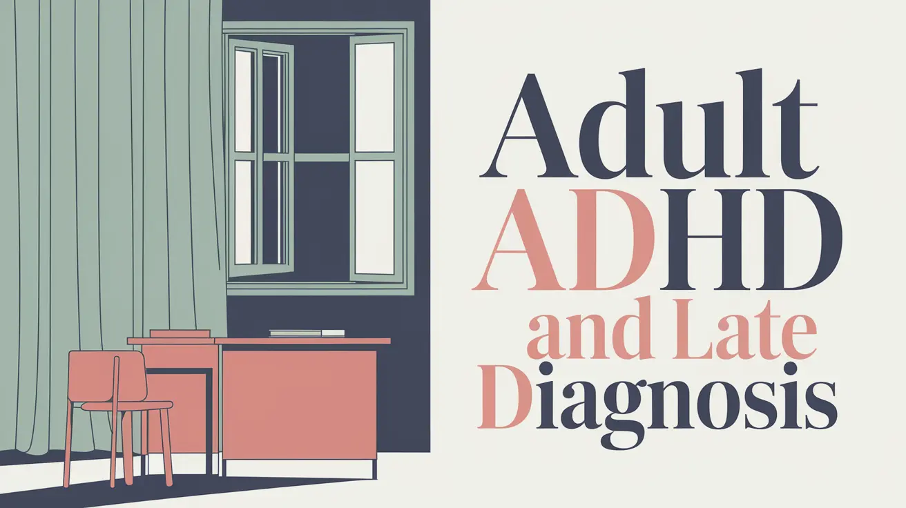 ADHD late diagnosis A calming minimalist classroom space with an open window, sage green curtains, and a simple, uncluttered teacher’s workstation. Accents of salmon color and navy blue. The setting promotes mindfulness and focus, reflecting a late ADHD diagnosis journey with newfound clarity. Big bold text overlay says "Adult ADHD and Late Diagnosis"