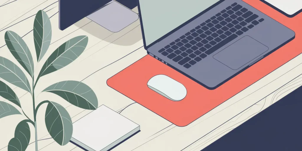 hormones and adhd - Minimalist workspace illustration featuring laptop, coral mousepad, wireless mouse, notebook, and green leafy plant on wooden desk - modern teacher workspace setup in gray, coral, and sage green