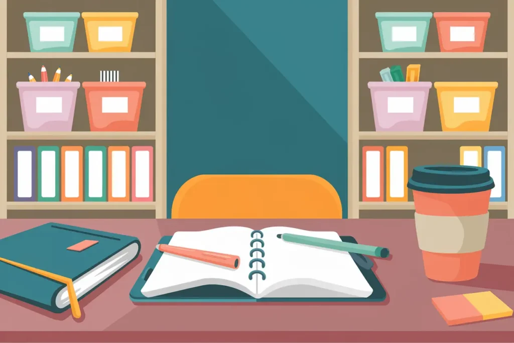 7 ADHD Self-Accommodations for Teachers That Actually Work 2 adhd self-accommodations, A sleek and organized teacher’s desk with color-coded folders, a deep teal planner, and a coral-tinted priority list displayed on a corkboard.