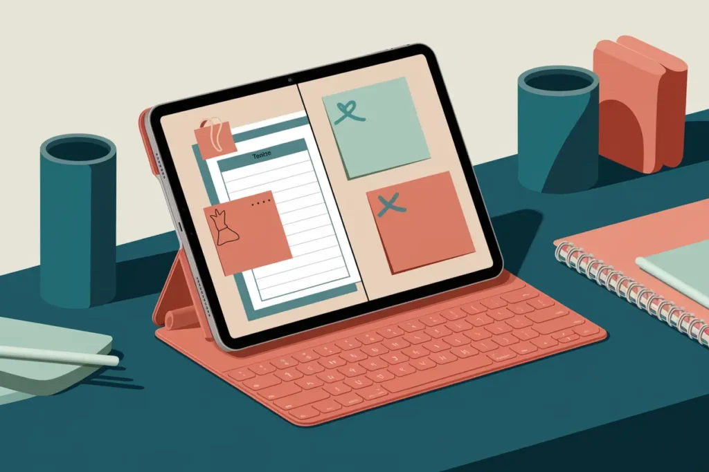 7 ADHD Self-Accommodations for Teachers That Actually Work 6 adhd self-accommodations, A modern teacher’s workstation featuring a tablet with a split-screen planner, color-coded sticky notes, and a coral wireless keyboard. The background is soft beige, with deep teal and sage green desk accessories