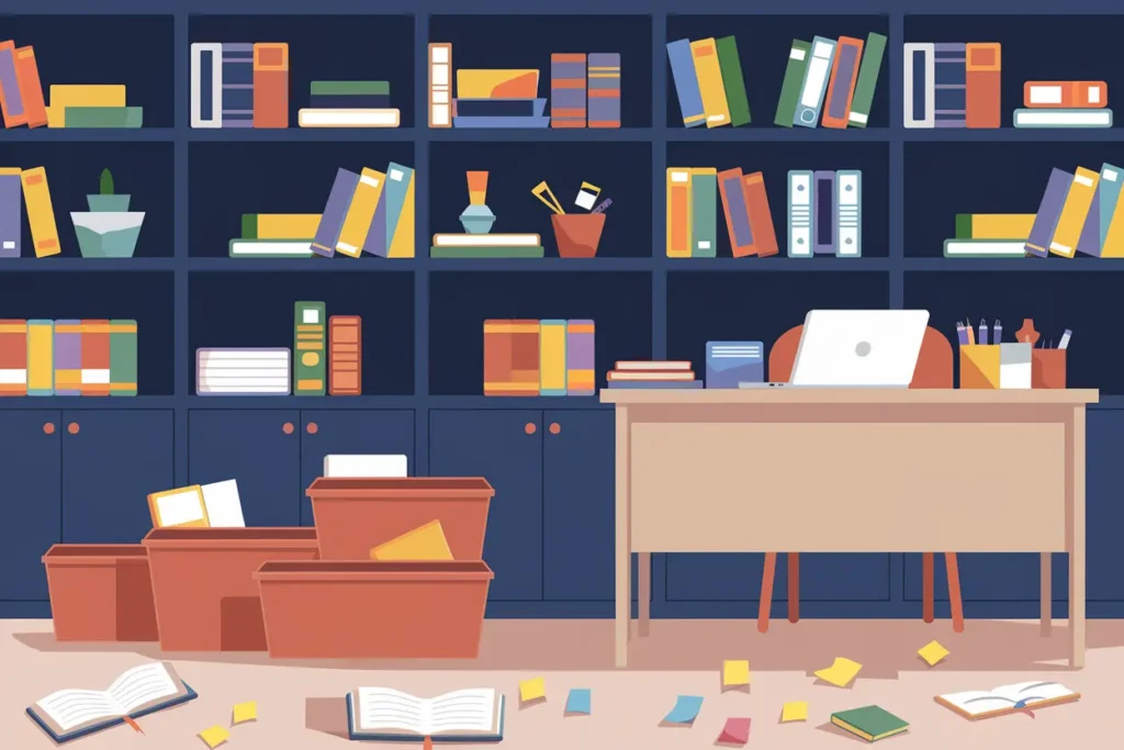 5 ADHD Late Diagnosis Revelations That Changed Everything 3 ADHD late diagnosis, A minimalist yet dynamic classroom workspace with a soft beige desk, deep navy bookshelves, and terra cotta storage bins. Scattered sticky notes and open notebooks symbolize an active mind. The mood is focused yet slightly chaotic, with gentle organization cues.