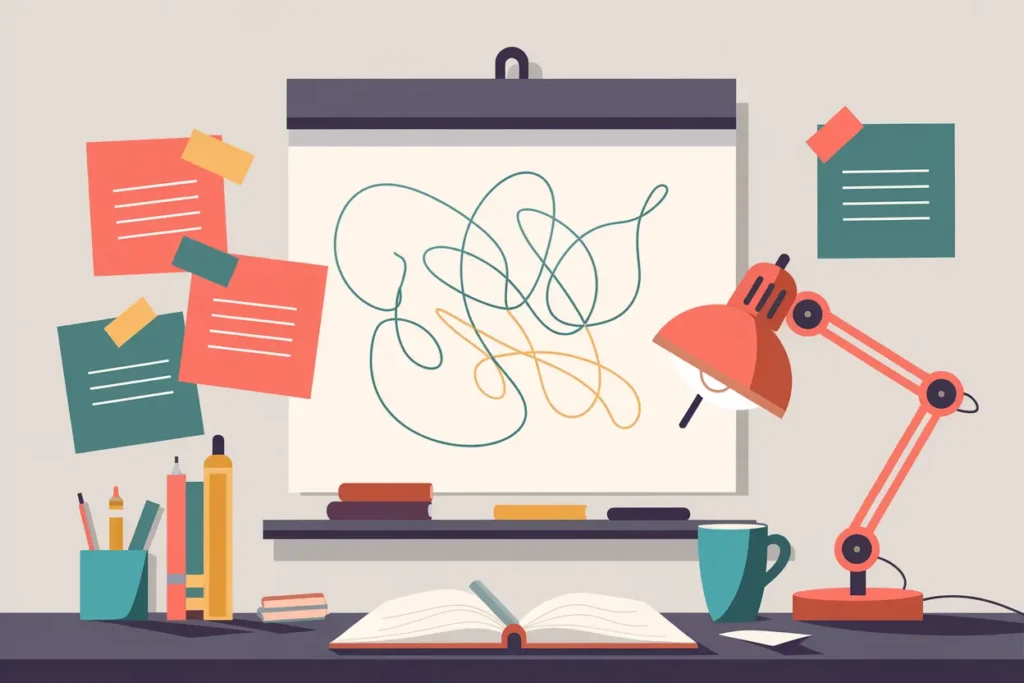 5 ADHD Late Diagnosis Revelations That Changed Everything 5 ADHD late diagnosis, A whiteboard with handwritten notes, sticky reminders in coral and teal, and a cozy desk lamp. The strong contrast between structure and spontaneity mirrors the late ADHD diagnosis journey. The composition emphasizes layered organization with a creative twist.
