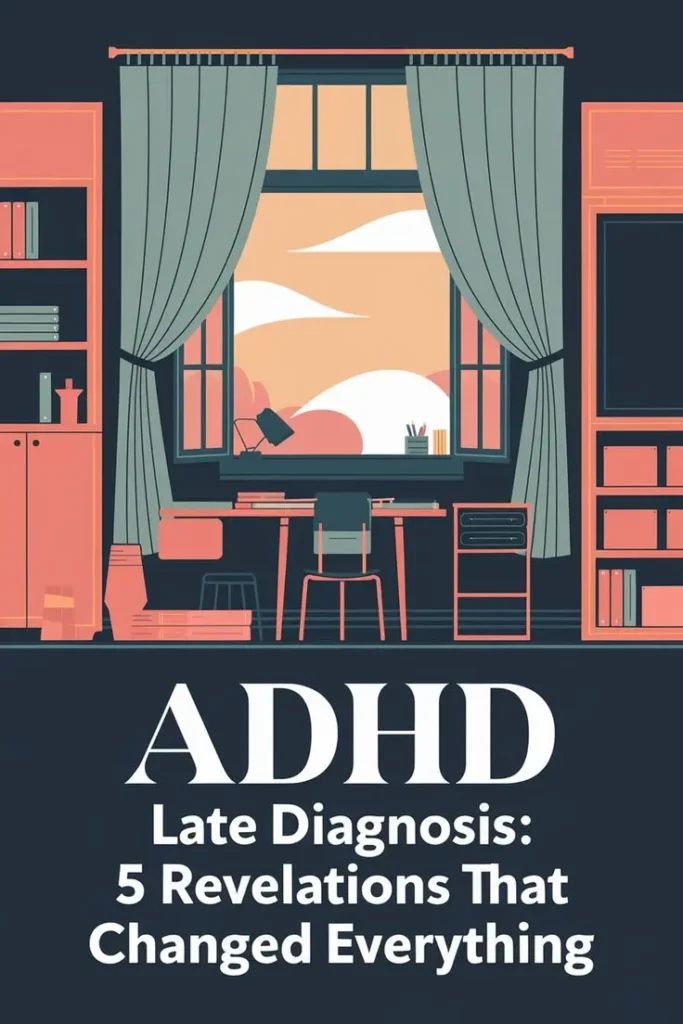 5 ADHD Late Diagnosis Revelations That Changed Everything 9 an office with a desk and an open window, coral and sage green, navy blue walls, journey of adhd late diagnosis