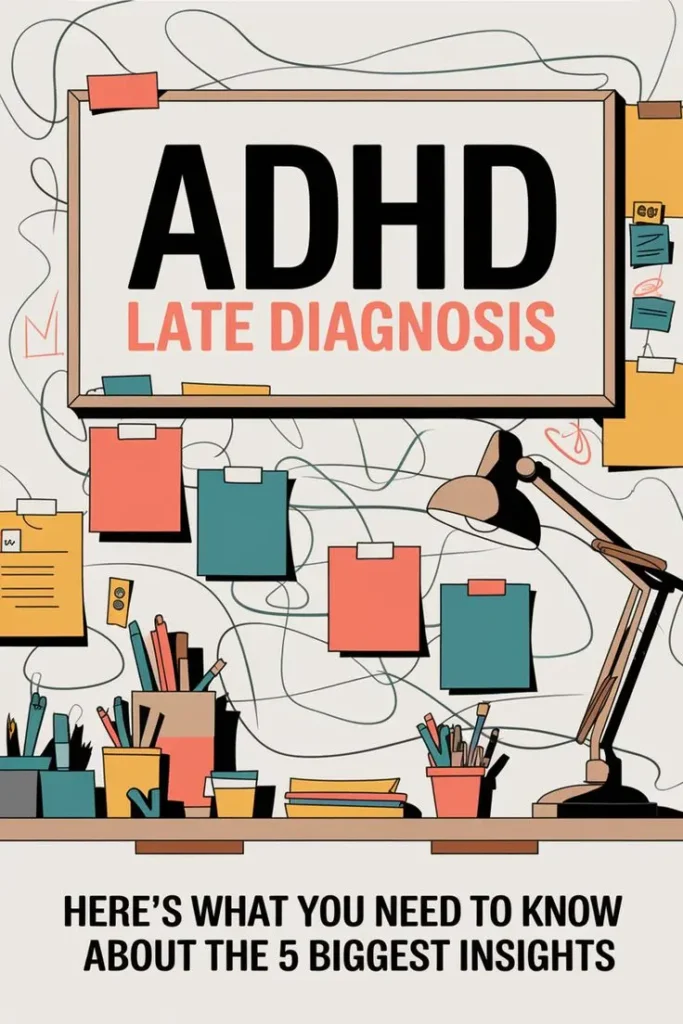 5 ADHD Late Diagnosis Revelations That Changed Everything 8 wall with post it notes and scribbles, pencils, on desk, regarding ADHD late diagnosis