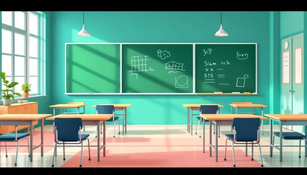 Abstract classroom boundary concept with desks and chalkboards in teal, coral, peach, sage, navy, beige, and white. 2D modern vector, why boundaries are so difficult 