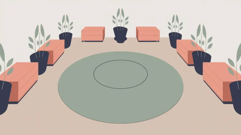 a classroom with coral and navy blue seats, sage rug, with space in between