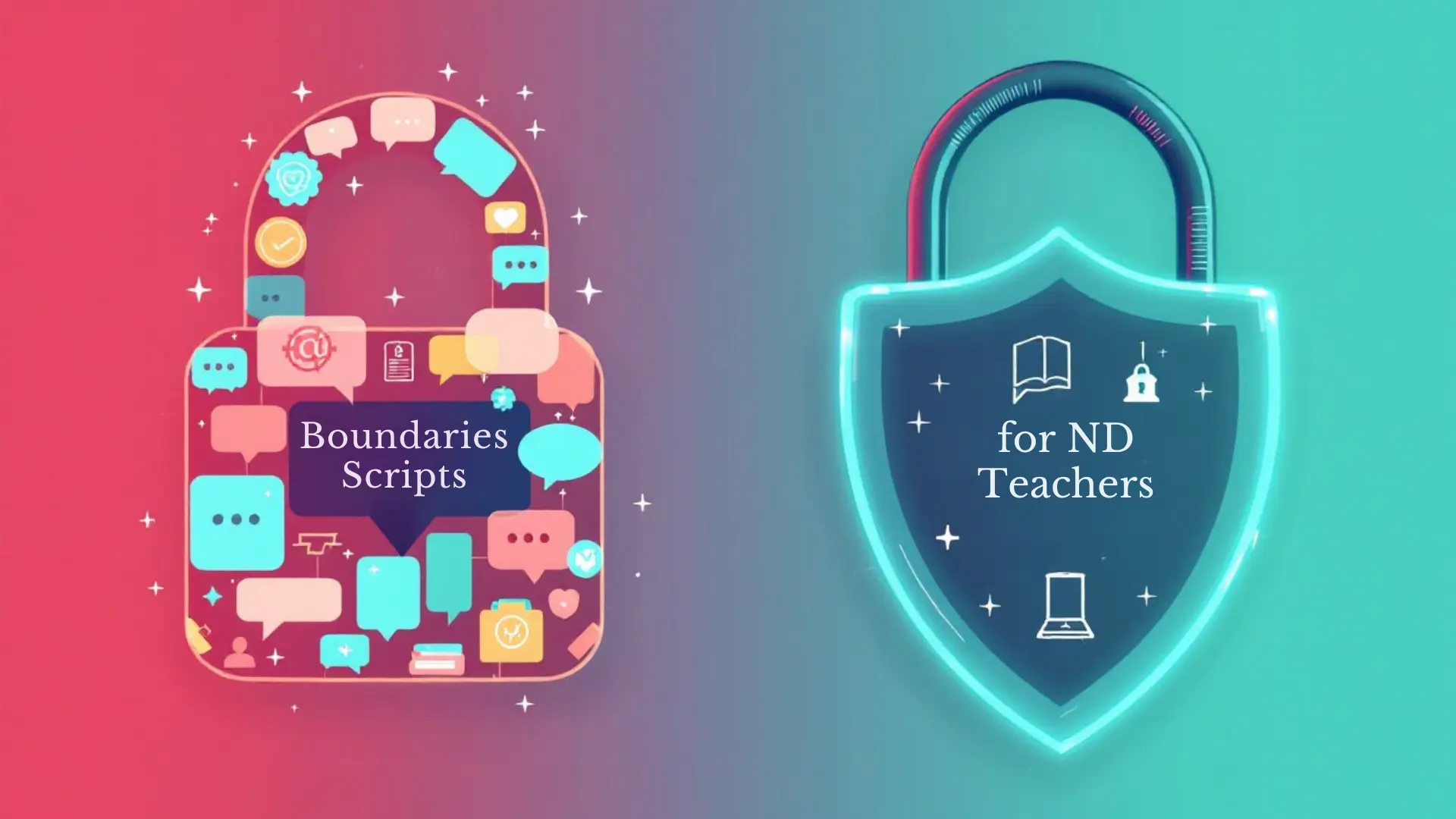abstract representation of a padlock with messages inside and a shield and lock, title reads boundaries scripts, pink and turquoise