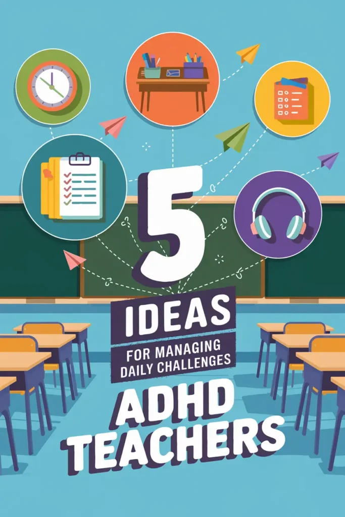 classroom with blue floor and student desks, title of post floats in the air above the aisle, 5 ideas for managing daily challenges adhd teachers face